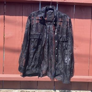 Sheer Lace Brocade Button-down Blouse